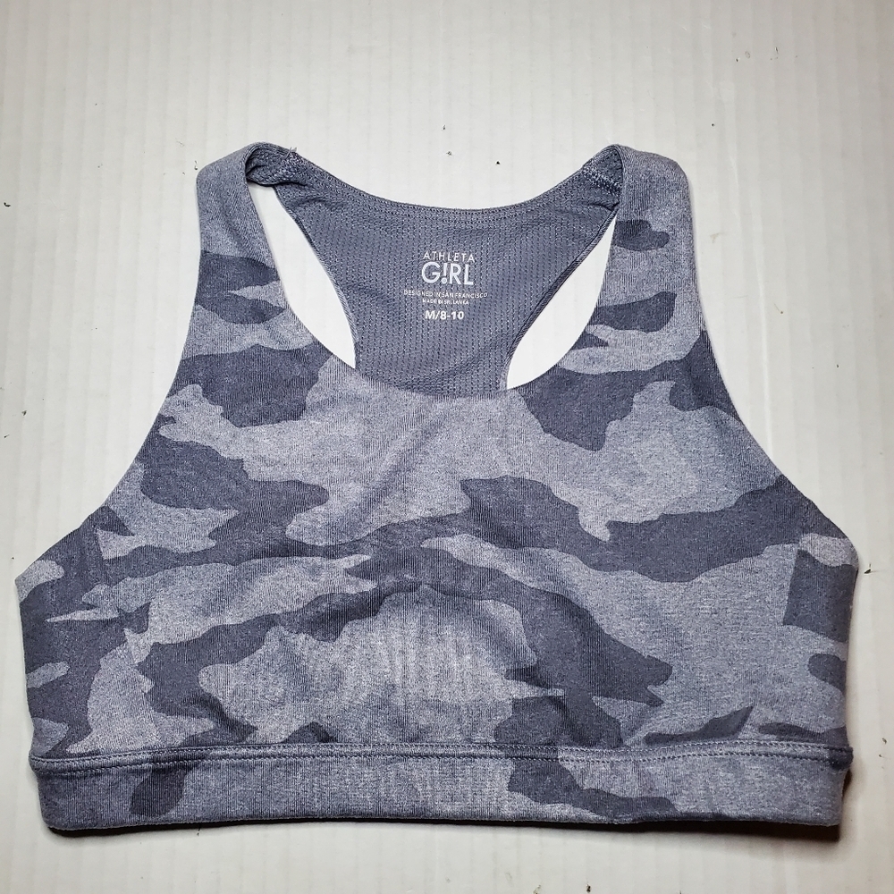 Athleta Sports Bra Girls Medium Youth Camo Racerback Gym Gray Logo Run